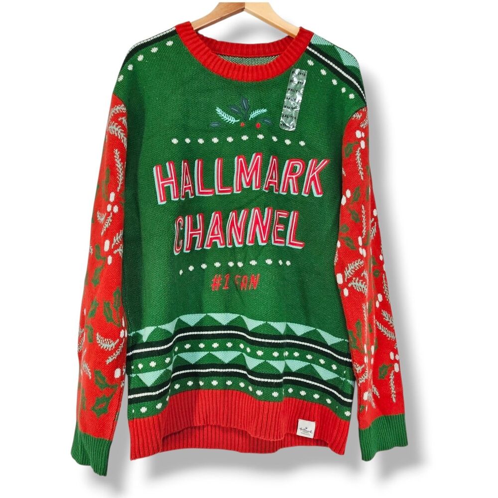 Hallmark Channel #1 Fan Ugly Christmas Sweater Unisex XXL Green Knit NWT Holiday